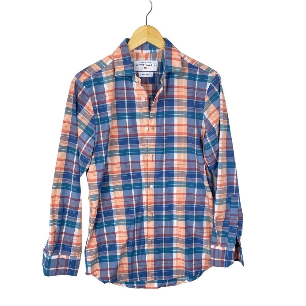 Mizzen + Main Orange Blue Square Print Long Sleeve Slim Fit Shirt Size Small